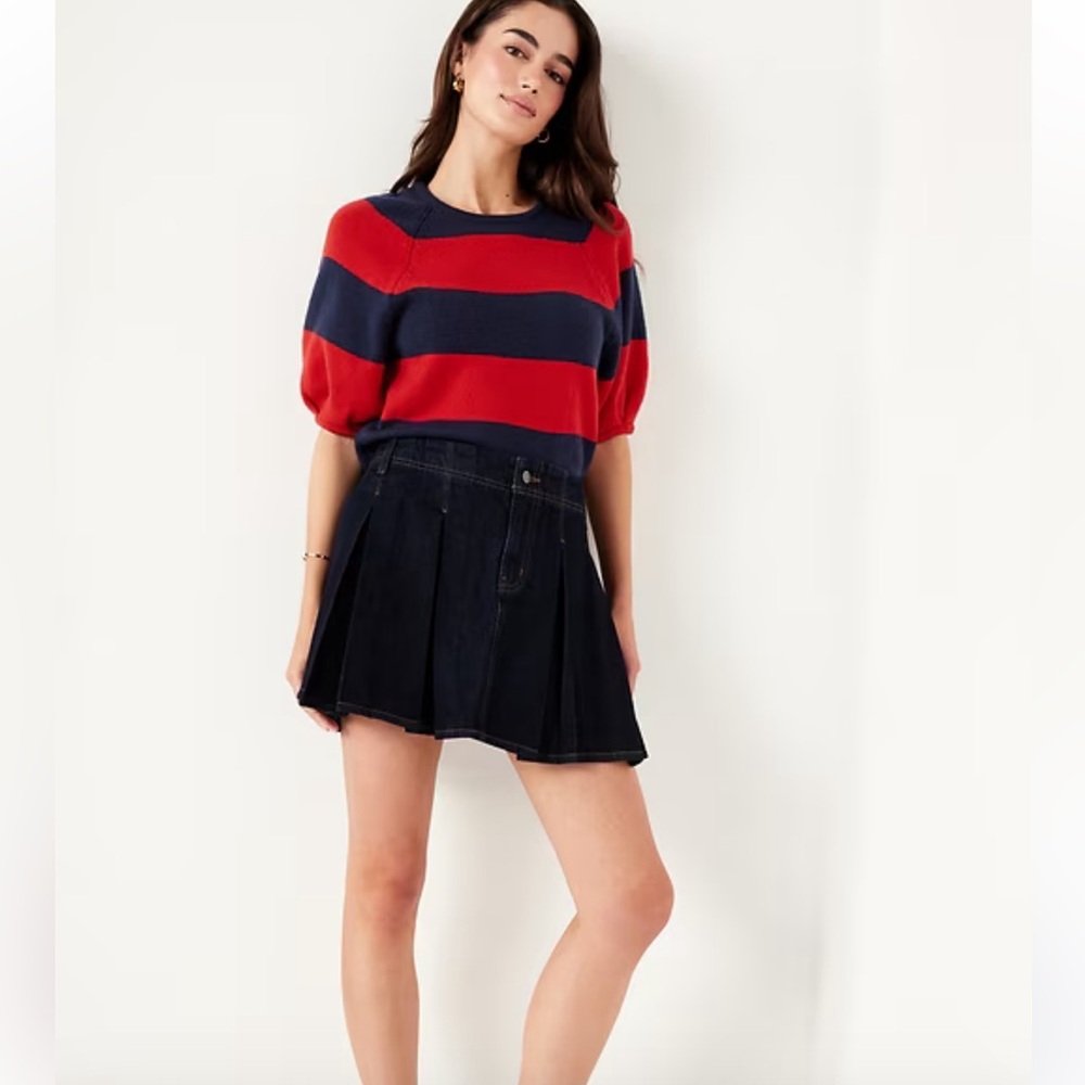 Old Navy SoSoft Cropped Puff-Sleeve Sweater size SM striped red blue - Picture 3 of 9